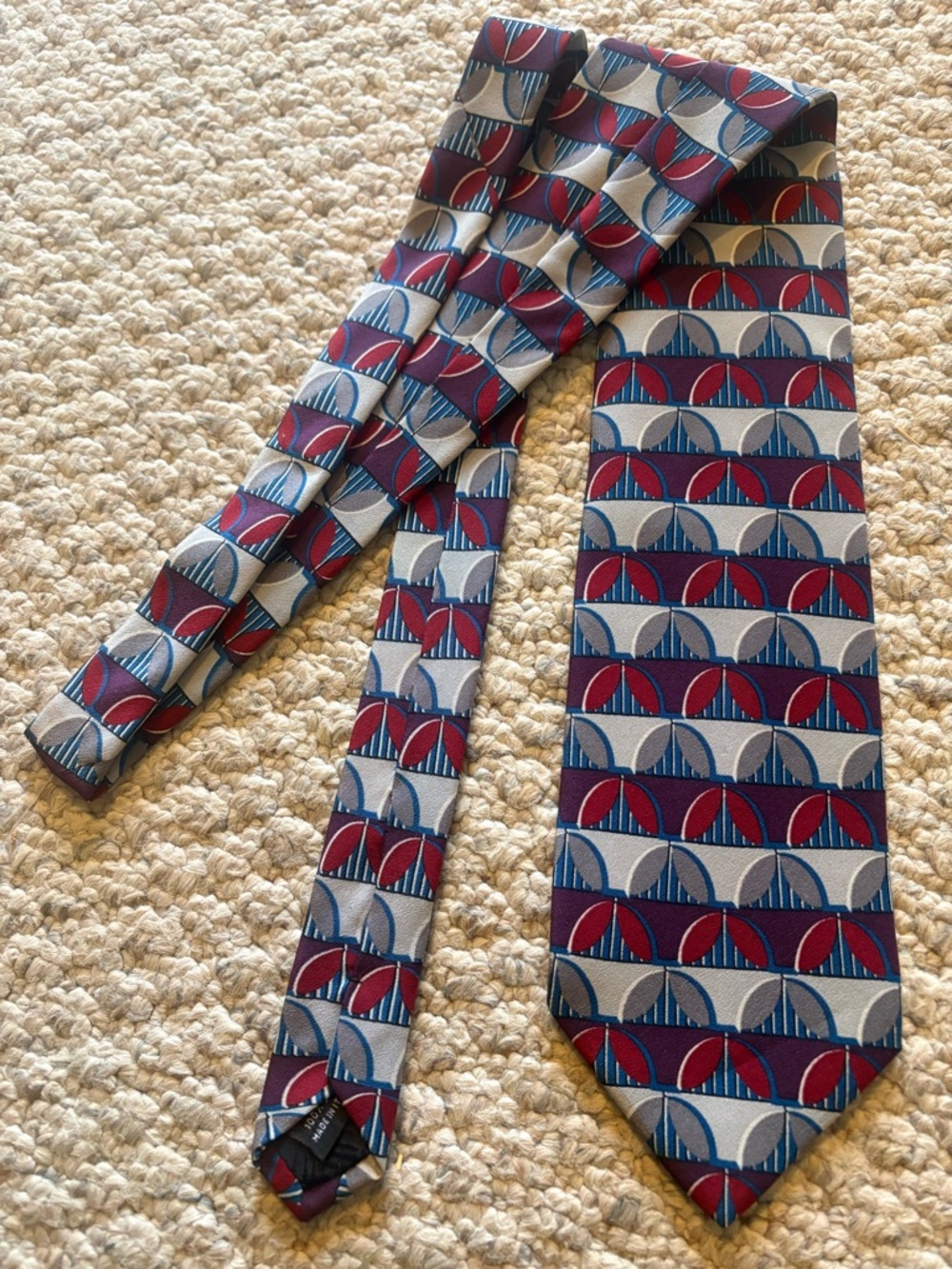 Classic Geometric Silk Tie in Red, Blue & Gray
